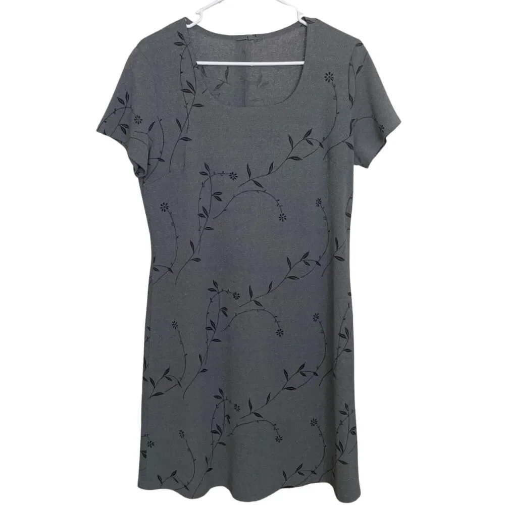 Gray Floral Square Neck Short Sleeve A-Line Dress Size M - Picture 2 of 4
